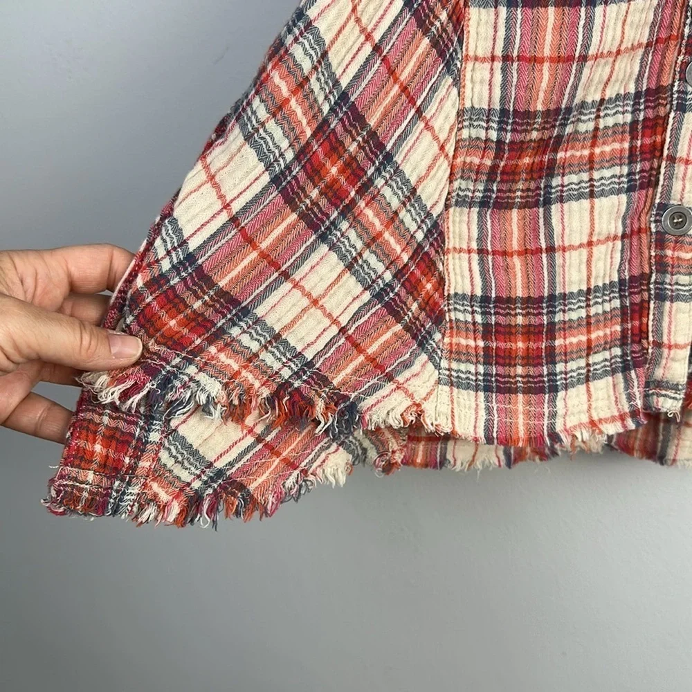 Free People Juniper Ridge Plaid Cotton Shirt Shacket Small Raw Hem Relaxed Fit